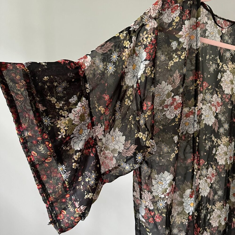 Boho Long Festival Kimono Floral Ruffle Sheer Artsy in One Size fairycore OS - Picture 2 of 6